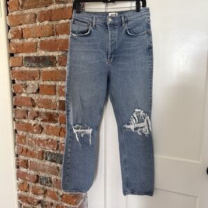 Agolde Riley Jeans Size 29 Light Denim Distressed Cropped High Rise Button Fly